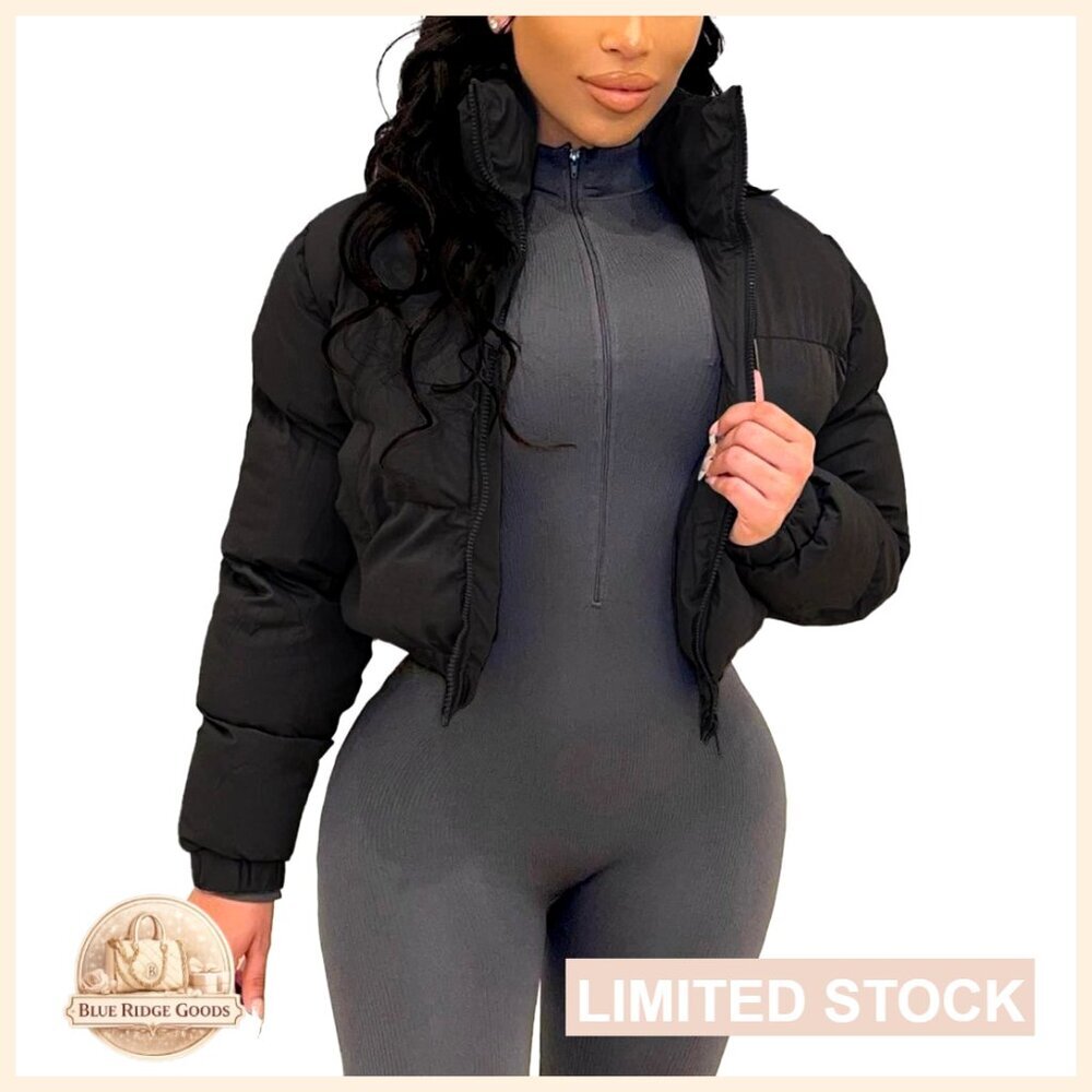 Cropped Puffer Jacket Zip Up Winter Quilted Lightweight Bubble Coat